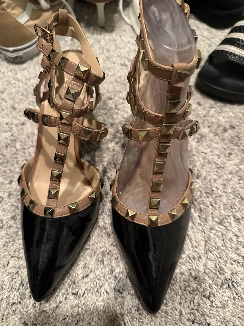 Studded Pointed-Toe T-Strap Pumps - Black and Nude